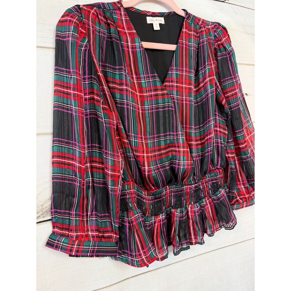 Riley & Rae Sz XS Blouse Plaid Holiday Party Rouched Ruffled - Picture 5 of 5